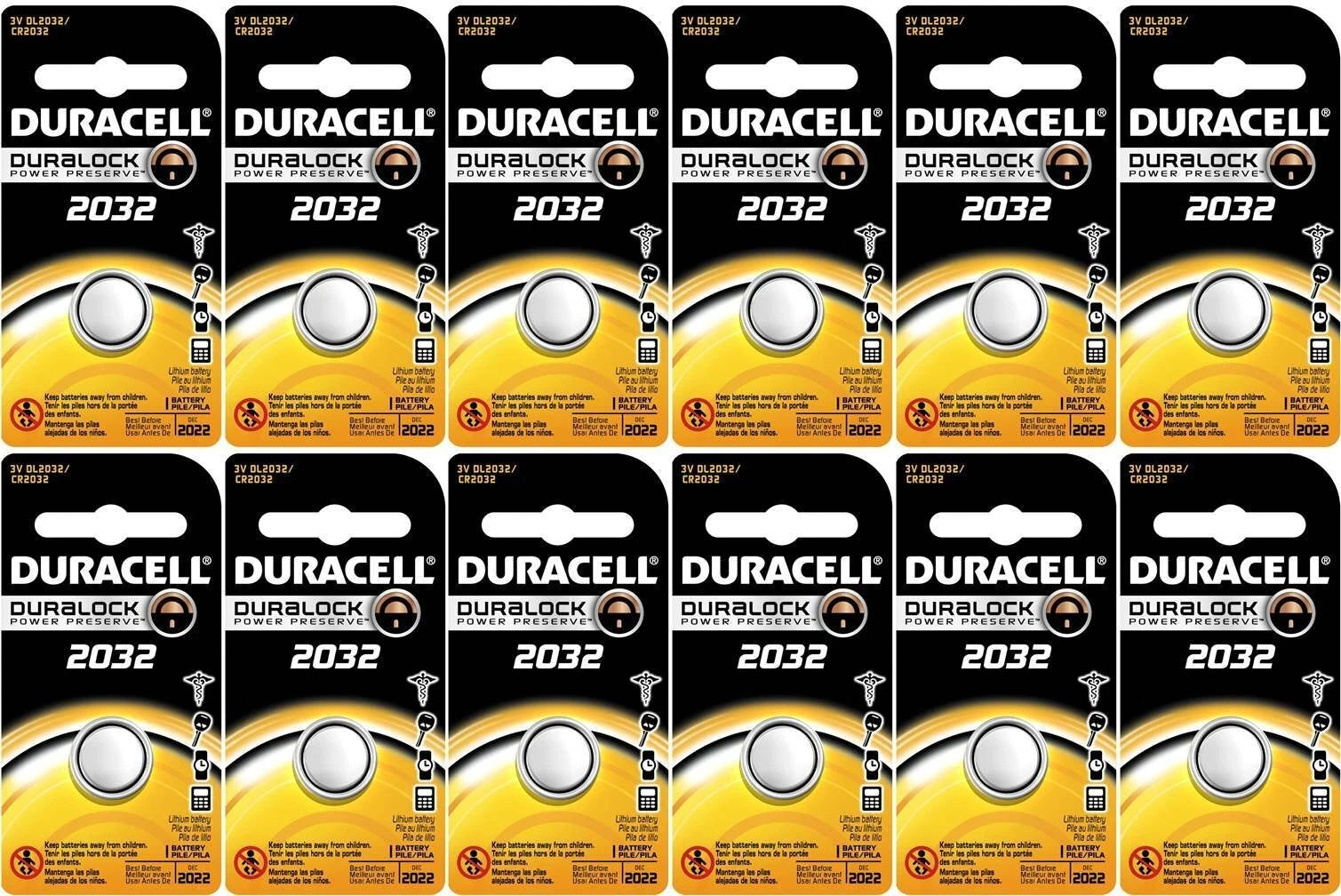 Duracell DL2032 Lithium Coin Battery, 2032 Size, 3V, 230mAh Capacity Pack of 12