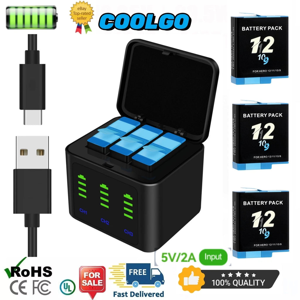 3 Pack Hero 12 Battery & 3-Channel Battery Charger For Gopro Hero 9 10 11 12
