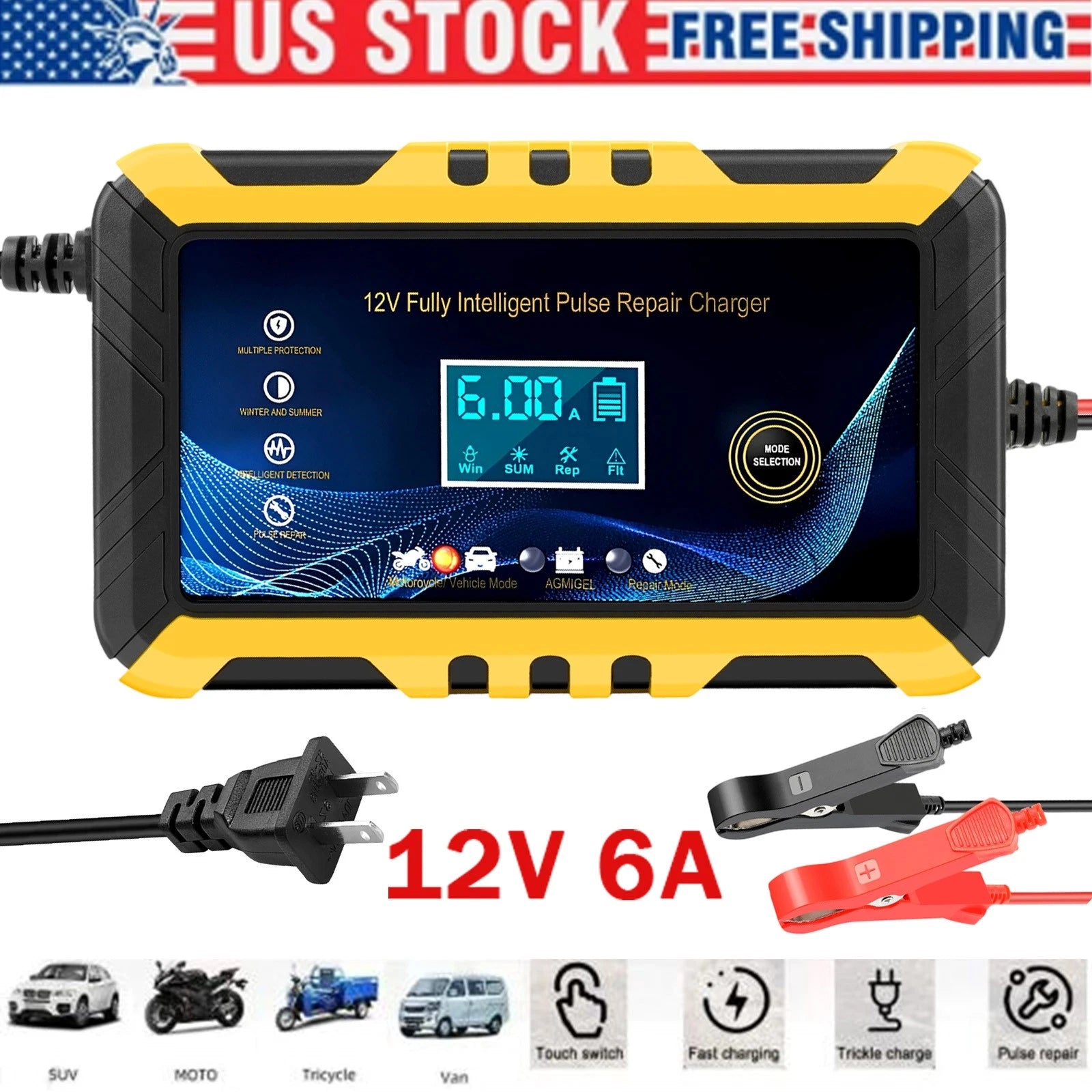 12V 6A Smart Car Battery Charger Maintainer Trickle Charger Motorcycle AGM
