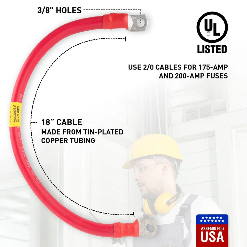 2/0 Red Battery Interconnect Cable 18" with 3/8" Lugs ASSEMBLED IN USA