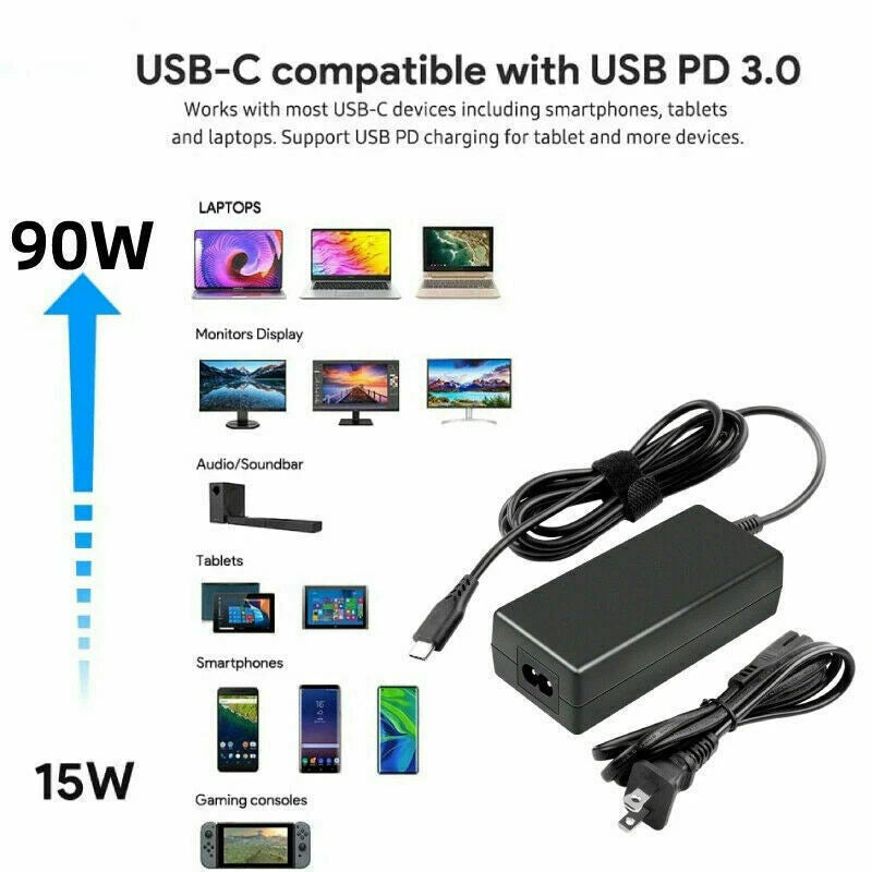Universal 90W USB-C Type-C AC Adapter PD Power Supply Laptop Charger Cable Cord