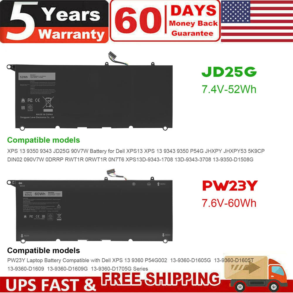 ?JD25G PW23Y Battery For Dell XPS 13 9343 9350 9360 Series 0TP1GT 0DRRP RNP72