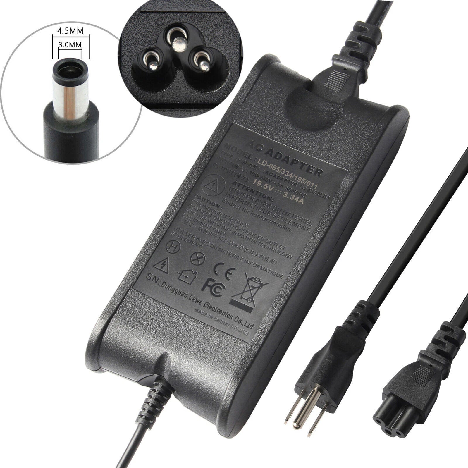 For Dell Laptop Charger 65W watt AC Power Adapter Power Supply 19.5V 3.34A