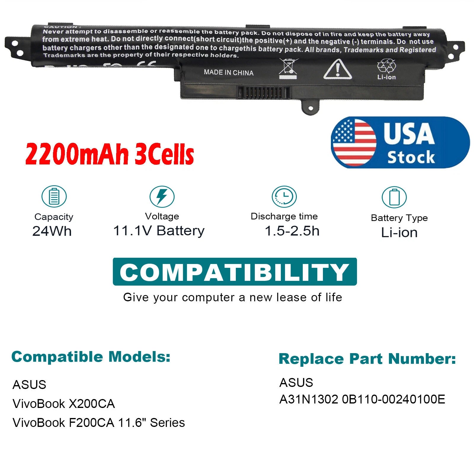 X200CA Battery For ASUS Vivobook X200M X200MA F200CA A31N1302 11.6" Series 3Cell