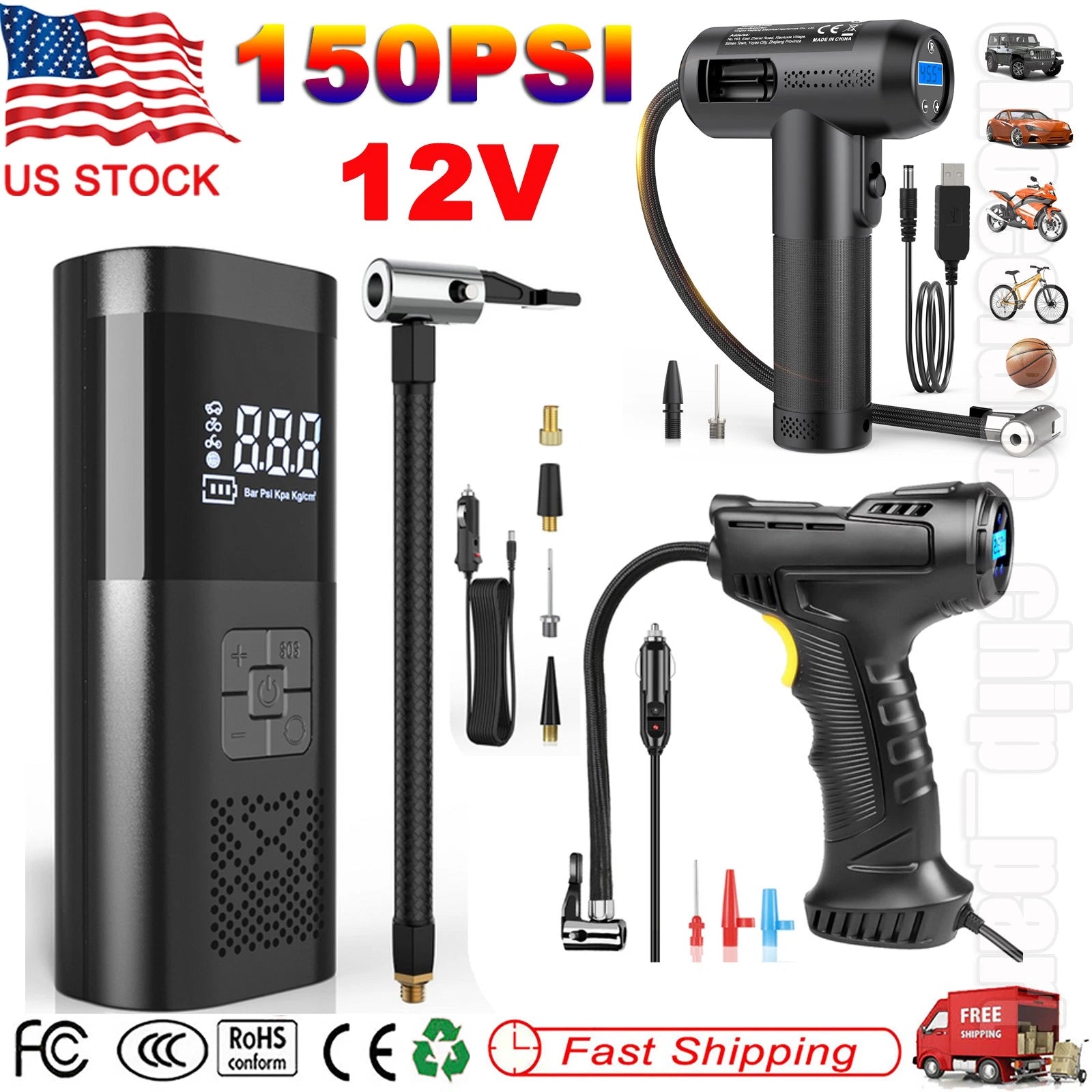 150PSI Tire Inflator Car Air Pump Compressor Digital Electric Portable Auto 12V