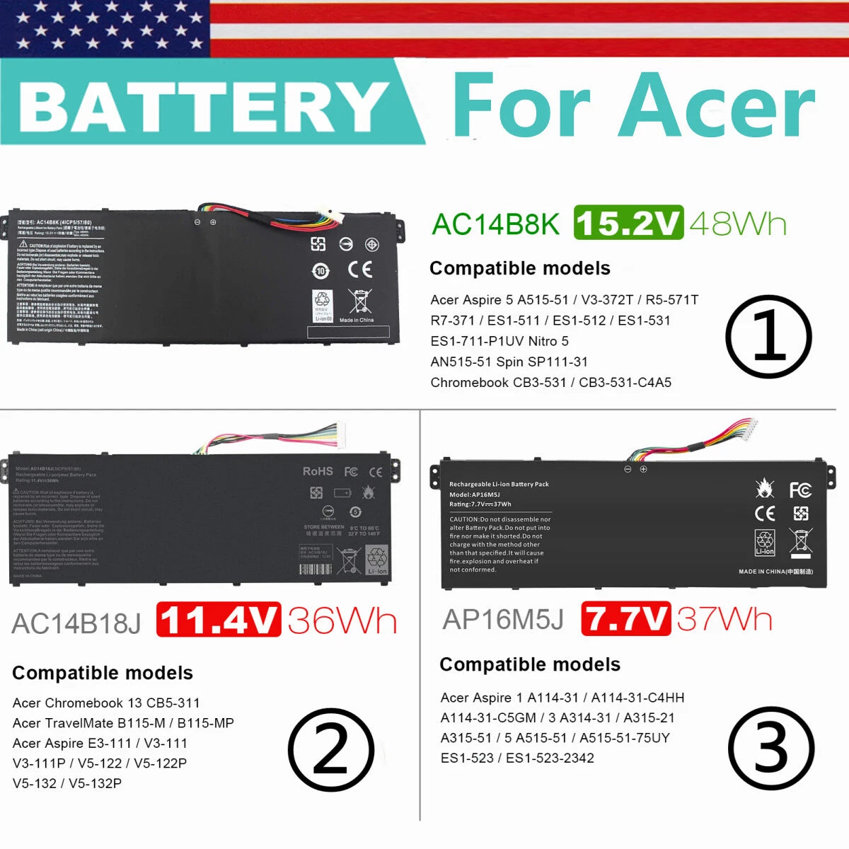 AC14B8K?AC14B18J?AP16M5J Battery For Acer Aspire ES 15 ES1-571 CB3-531 CB5-571