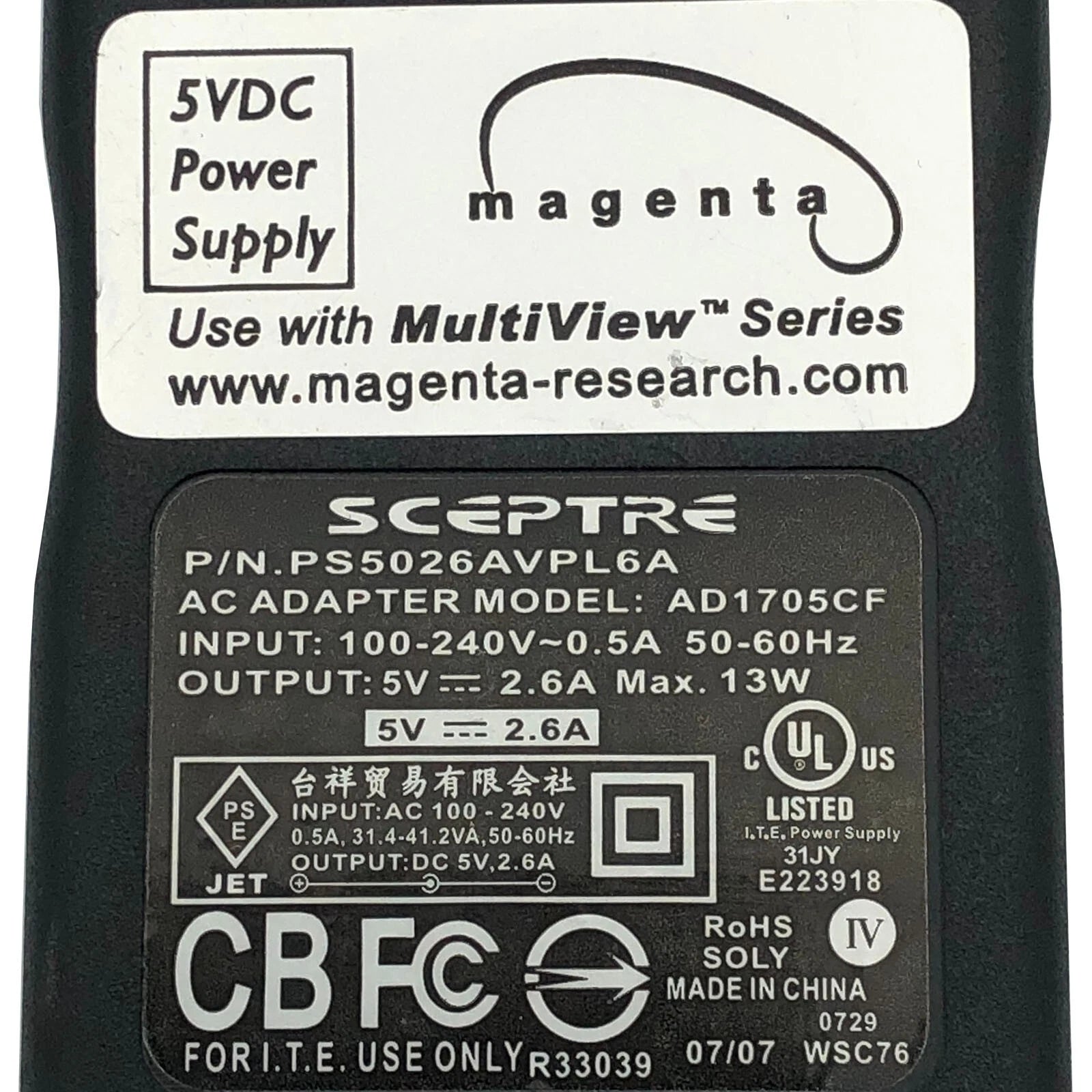 NEW Genuine Sceptre AC Power Adapter PS-5026AVPL6A Charger AD1705CF 5V 2.6A