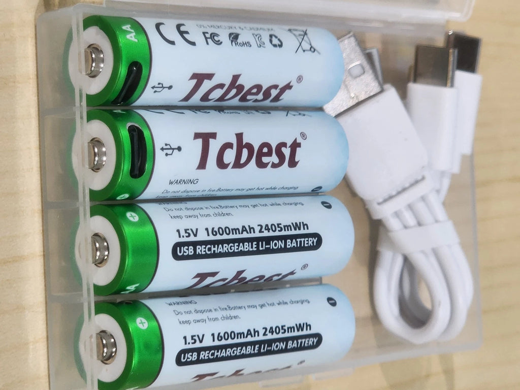 4 x AA Tcbest RECHARGEABLE Li-ion BATTERY USB-C CORD /CASE INCLUDED 2405mWh 1.5v