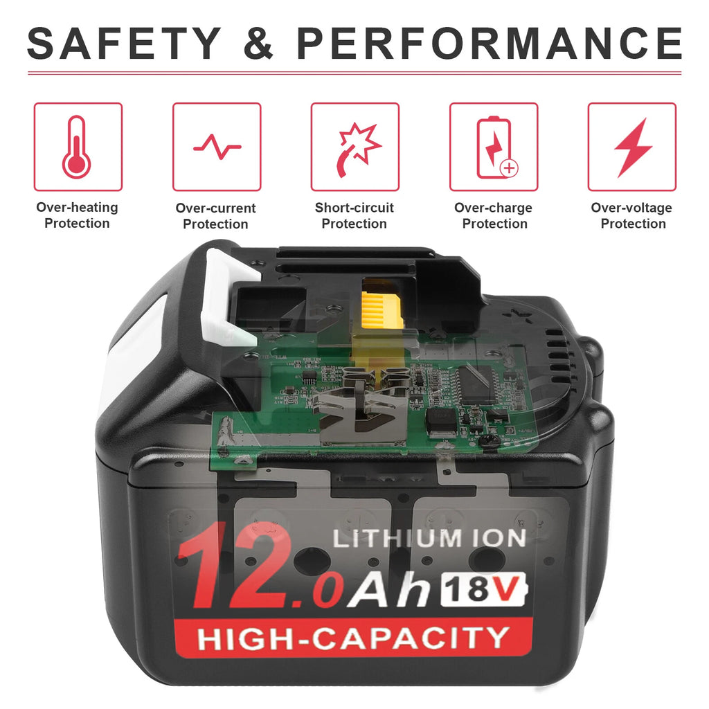1-2X 12Ah For Makita 18V Battery BL1830 BL1850 BL1860 BL1890 W/LED Charger