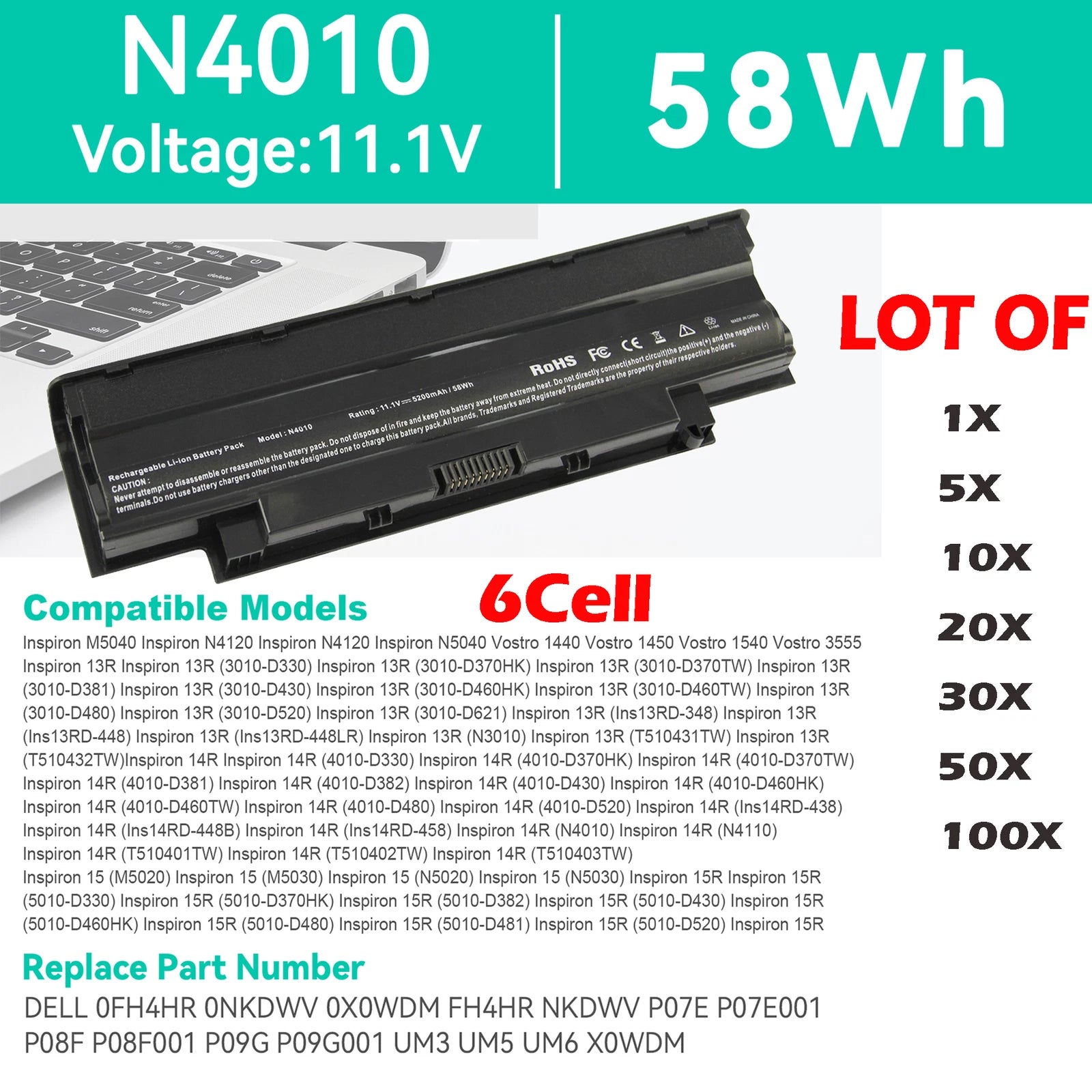 LOT OF N5010 Battery For Dell Inspiron N4110 N4010 N5110 N7110 M5010 J1KND 6Cell