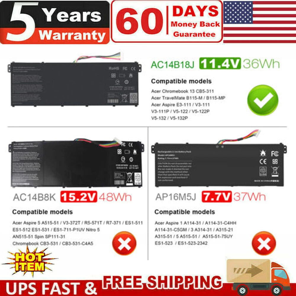 AC14B8K AC14B18J AP16M5J Battery For Aspire 5 A515-51 Chromebok CB3-111 CB3-531