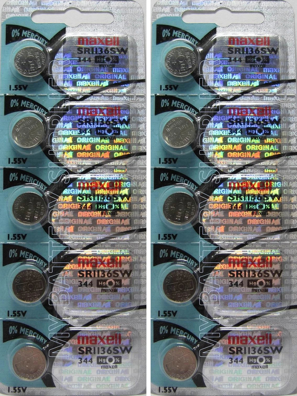 10 Maxell 344 (SR1136SW) Silver Oxide Batteries 1.55 Volt Made In Japan
