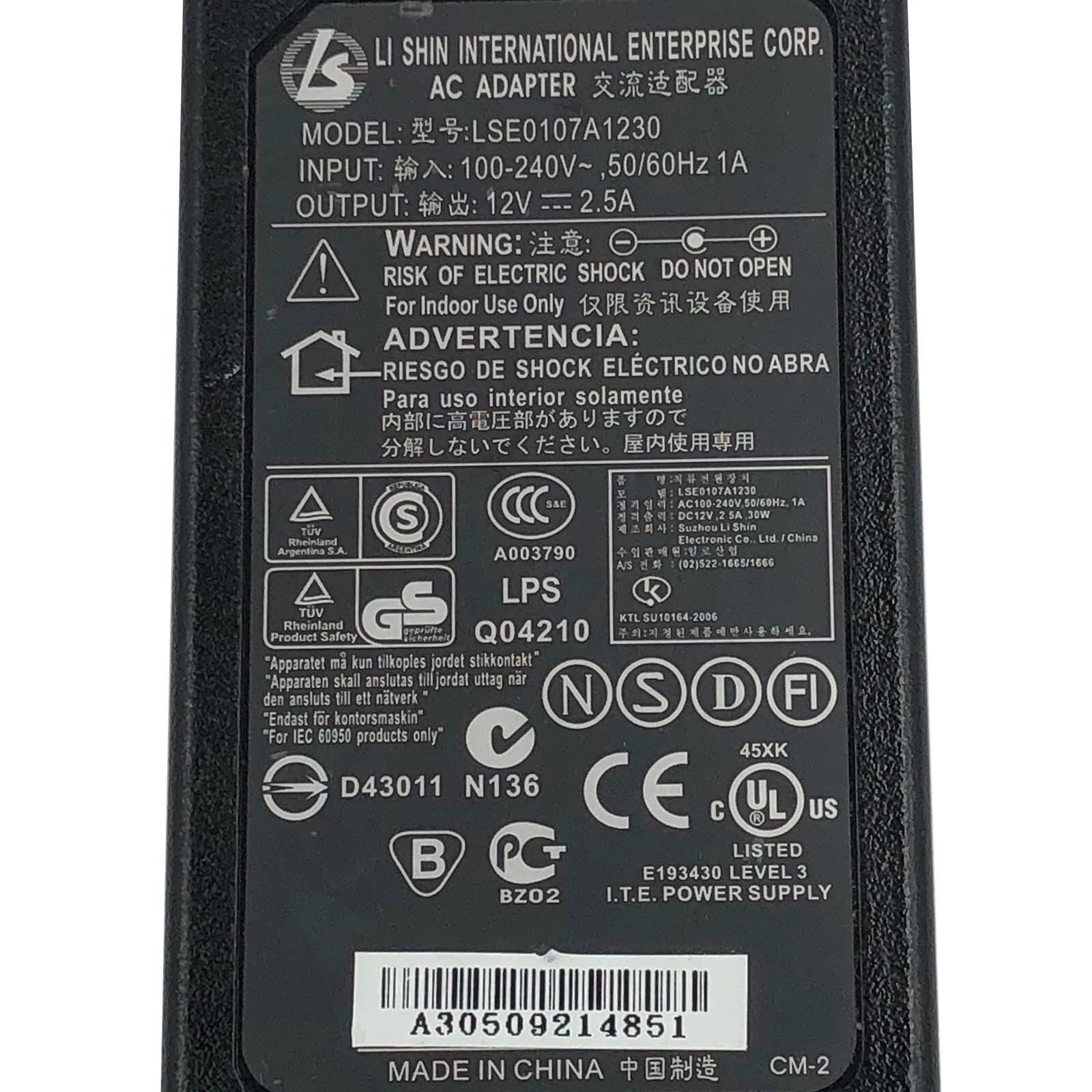 NEW Genuine Li Shin 18W AC Power Adapter LSE0107A1230 Charger 12V 2.5A
