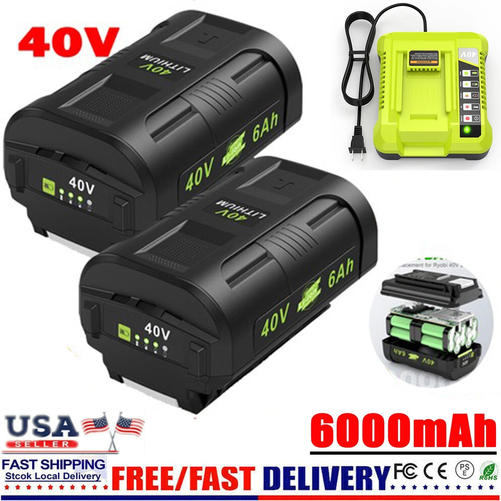 6.0Ah Battery 40 Volt for Ryobi 40V Lithium OP40602 Battery with LED / Charger