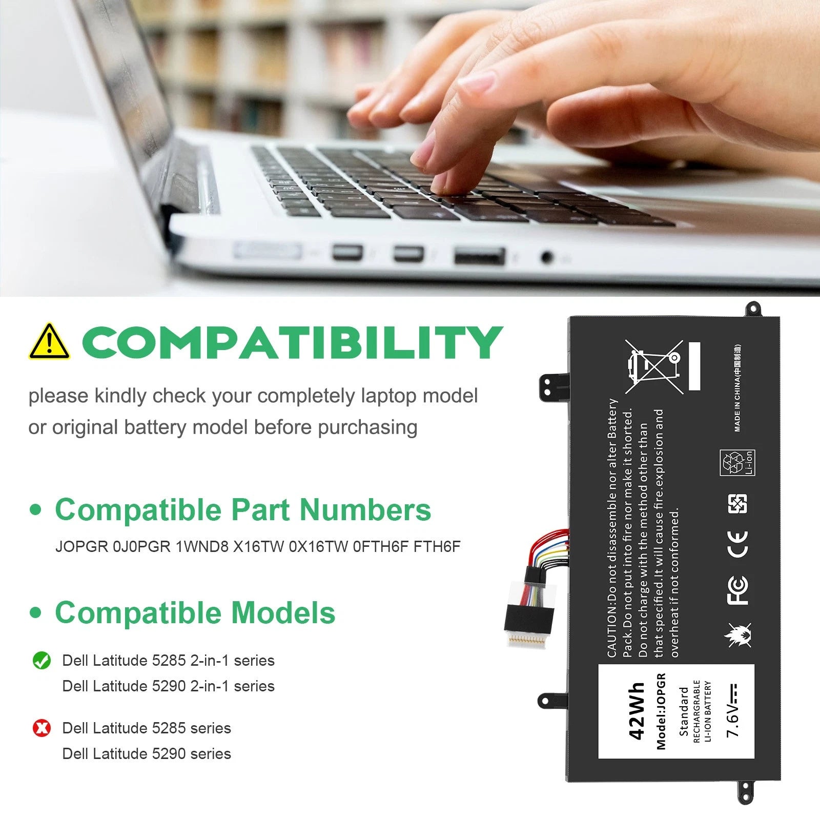 42Wh Battery for Dell Latitude 12 5290 5285 2-in-1 J0PGR JOPGR 0J0PGR T17G
