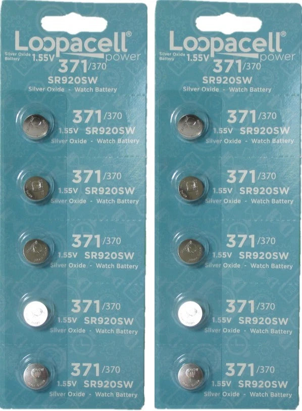 10 Loopacell Watch Battery Button Cell SR920SW 371 (2 Packs of 5) Batteries