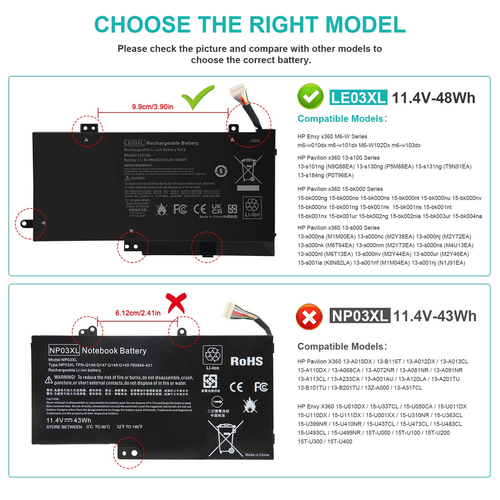 LE03XL Battery for HP Envy X360 M6-W015DX 796356-005 796220-541 3Cells 48Wh