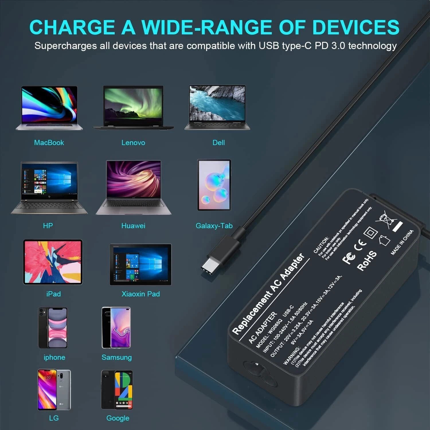 65W Type C Laptop Charger fit for Lenovo ThinkPad T480 T480s T580 T580s L13 E15