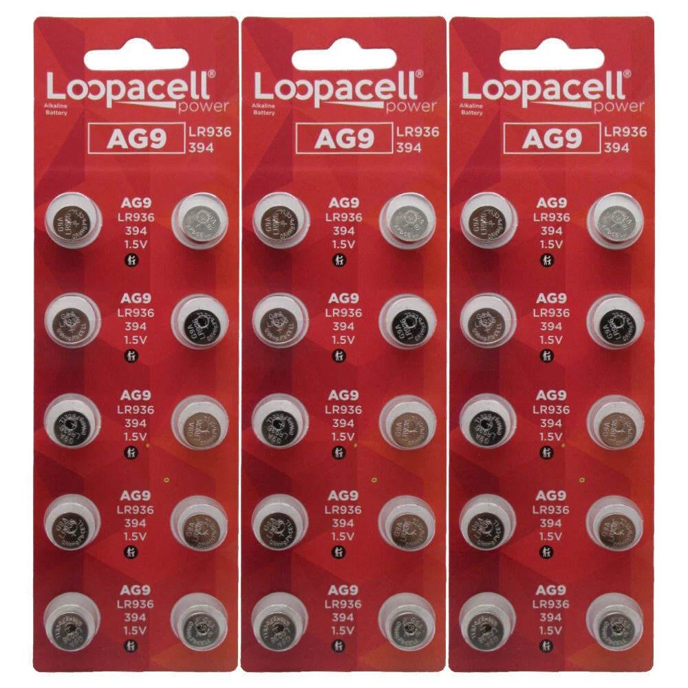 50 Loopacell AG9 394 D394 GP94 L936 LR45 Alkaline Button Cell Batteries