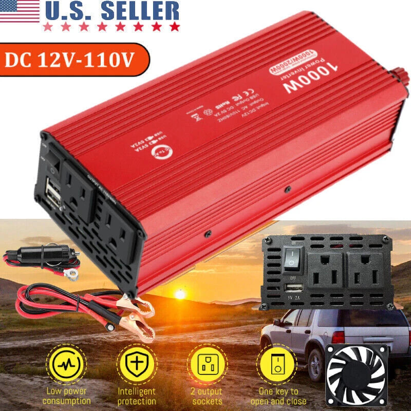 1000W/2000 Watt Car Power Inverter Laptop Phone Charger 12V to 110V Adapter DC