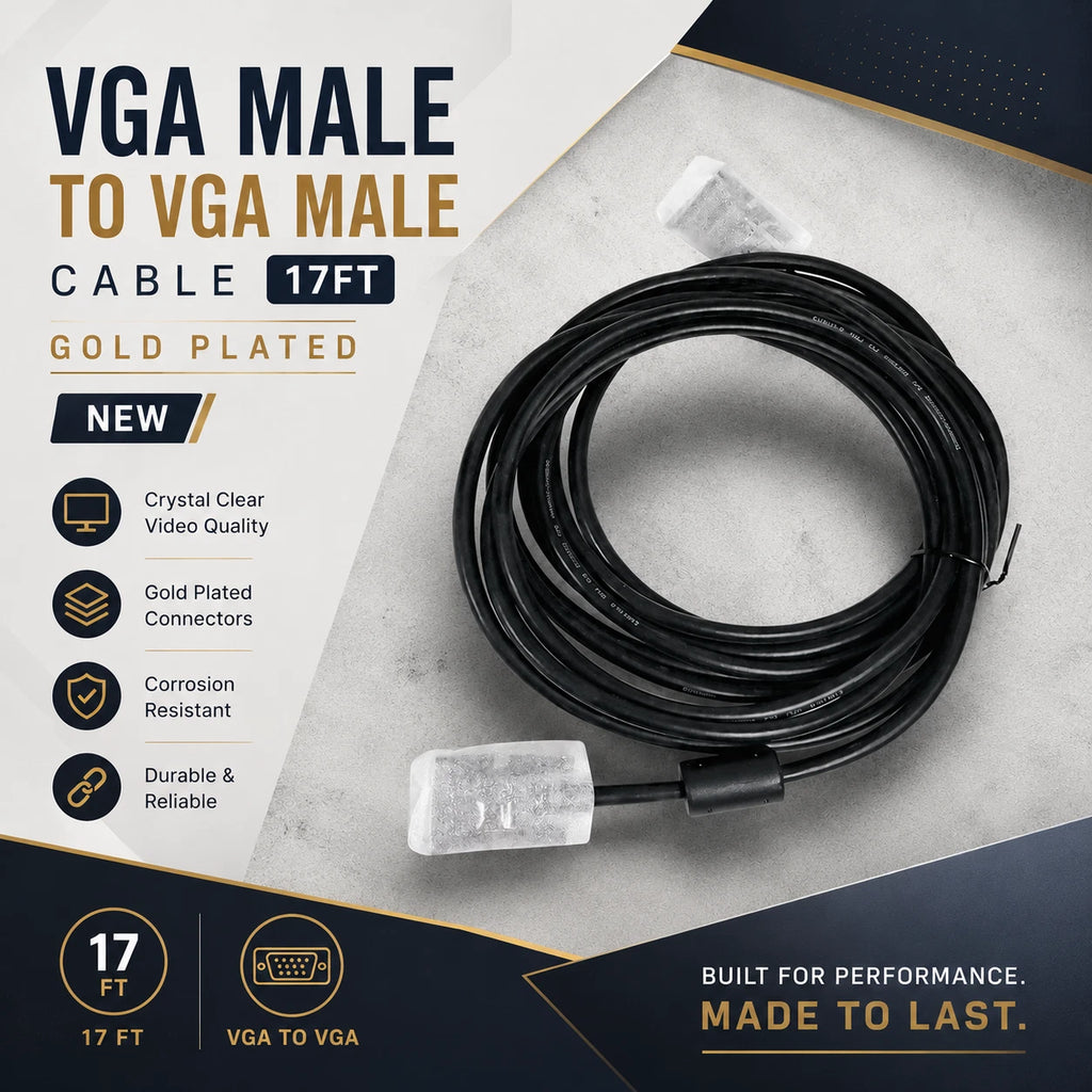 NEW Premium Long VGA Cable 17ft Male Cord 1080p High Resolution for PC Projector
