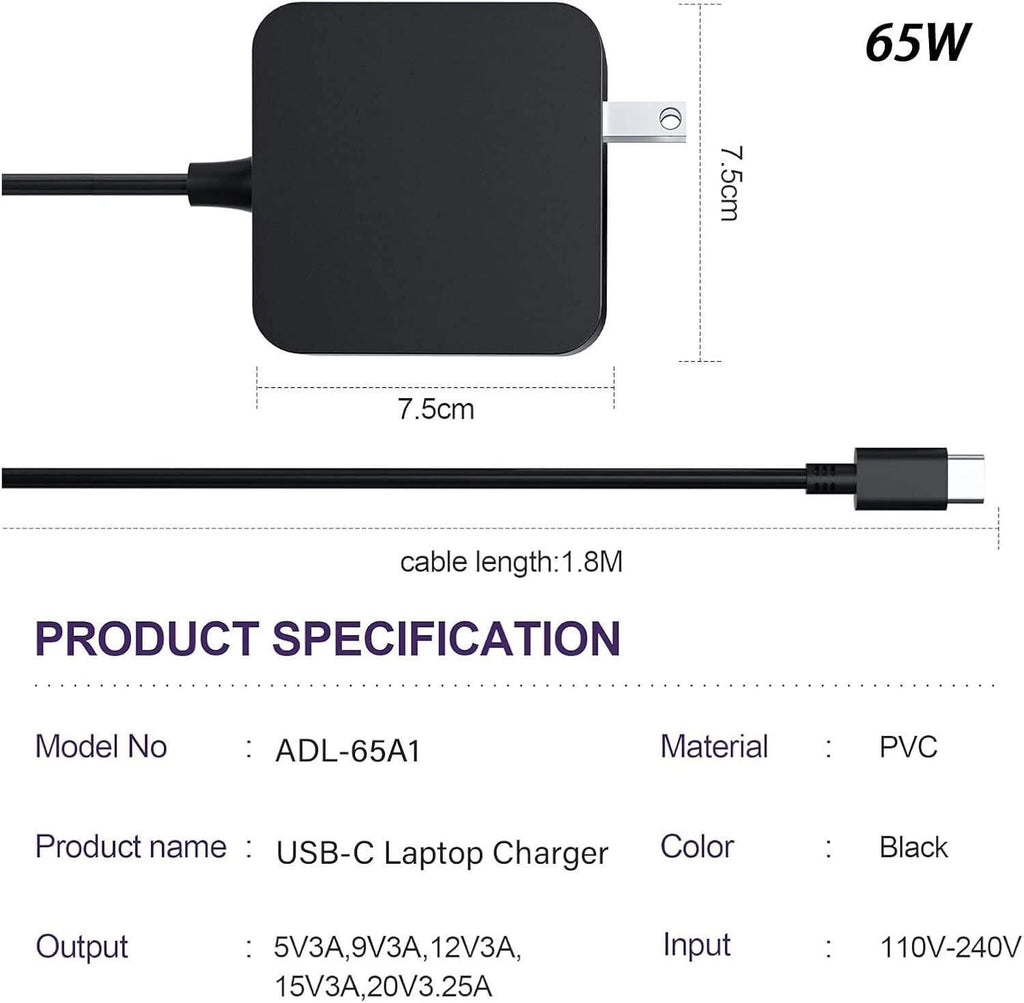 65W USB-C Type C Laptop Adapter for Dell Latitude 7420 7370 7275 5285 2In1 Power