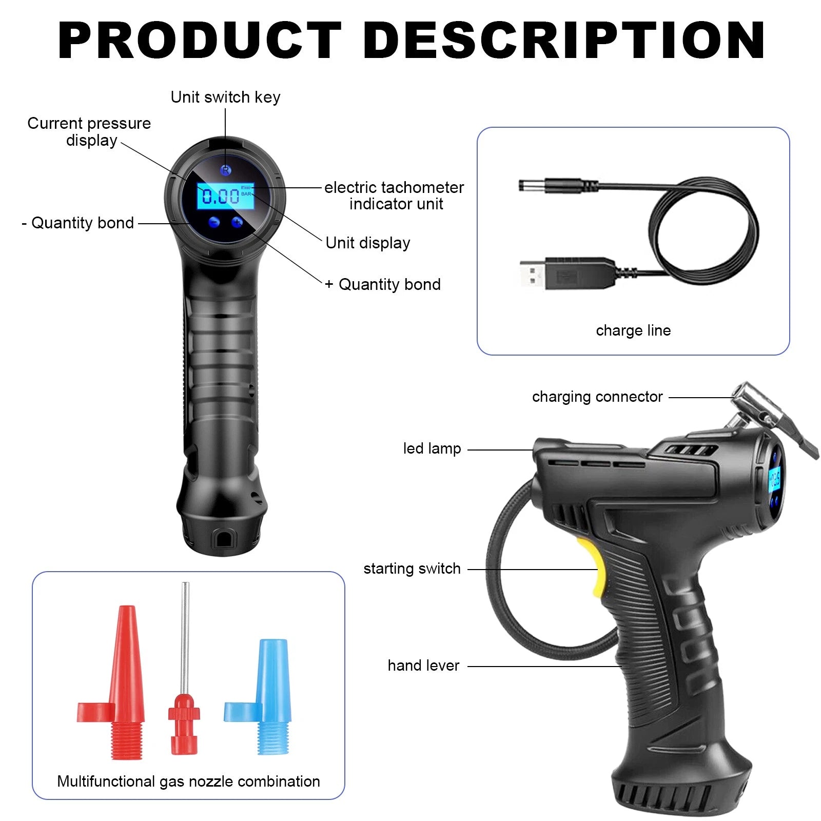 150PSI USB Tire Inflator Pump Car Air Compressor LED Electric Portable Auto 12V