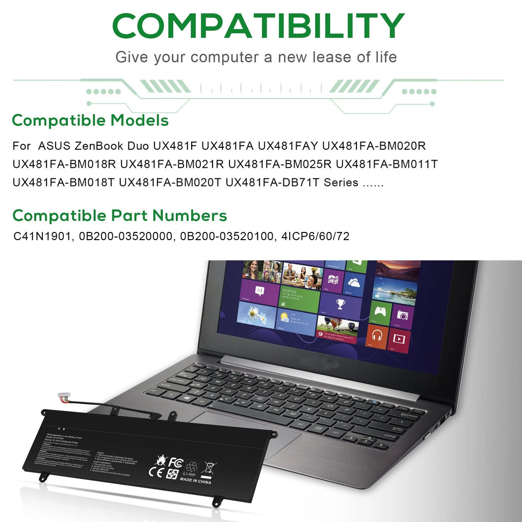 Battery C41N1901 For ASUS ZenBook Duo UX481F UX481FA UX481FAY UX4000FL 15.4V 70W