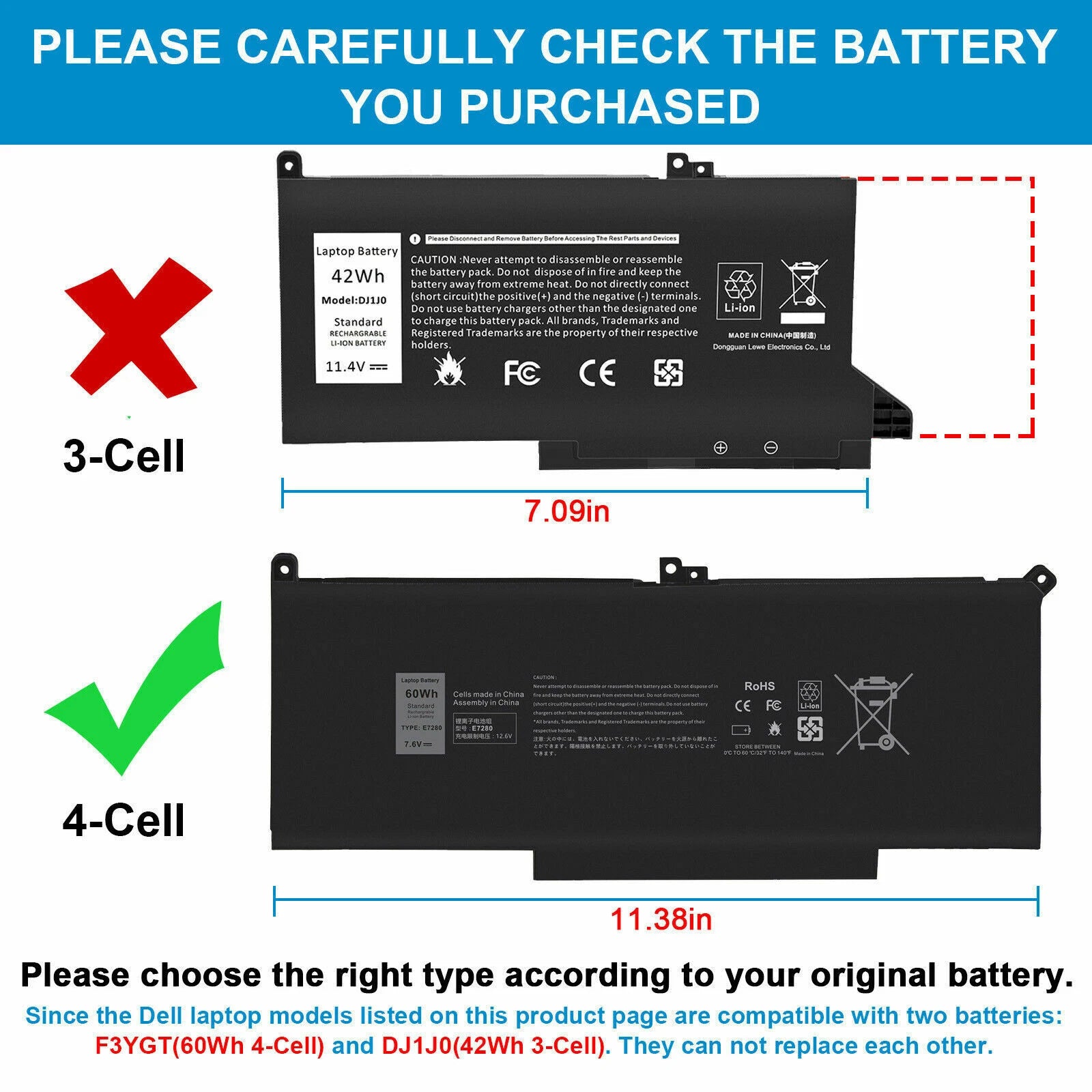 F3YGT Battery for Dell Latitude 12 13 14 E7280 E7480 7480 7490 7380 7390 DM3WC