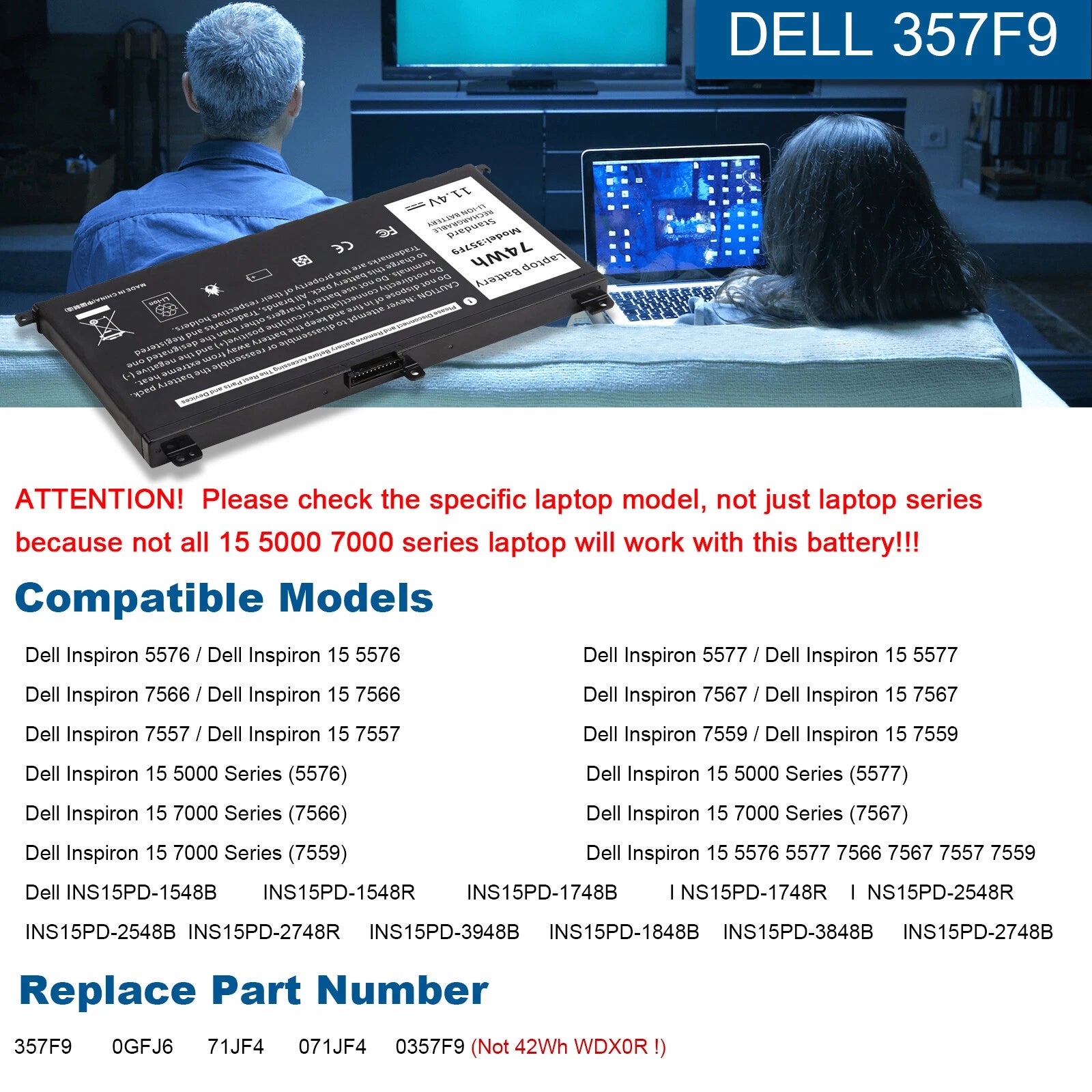 Battery 357F9 For Dell Inspiron 15 5576 5577 7566 7567 7557 7559 Type 0GFJ6 74Wh