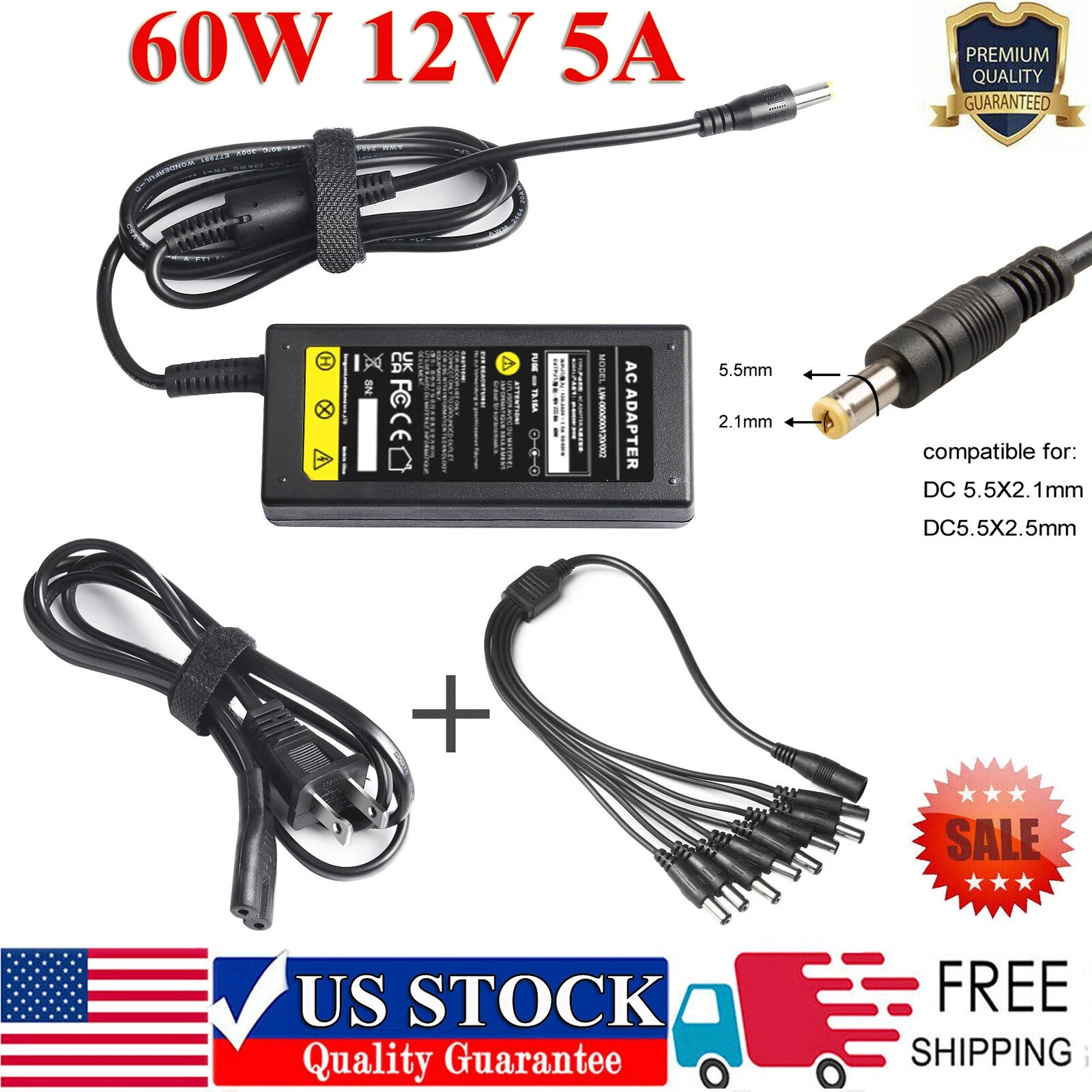 Power Supply Adapter with 8 way Splitter Security system CCTV Camera 12V 5 Amp F