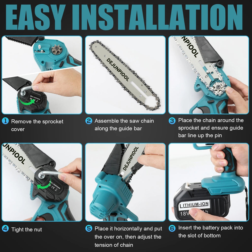 DEJUNPIOOL 6" Mini Handheld Electric Chainsaw Cordless 18V 5.5Ah Battery Power