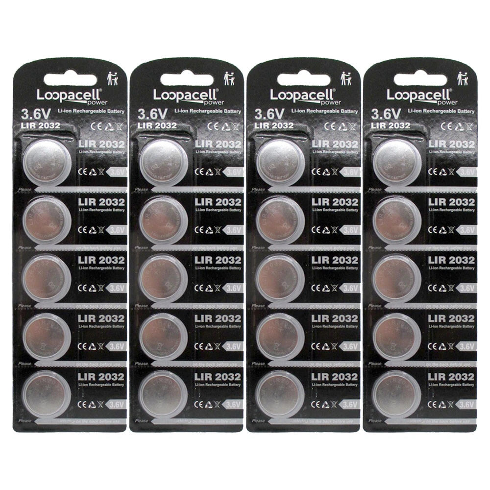 20 Loopacell LIR2032 Li-ion Lithium 2032 Rechargeable 3.6V Coin Cell Batteries