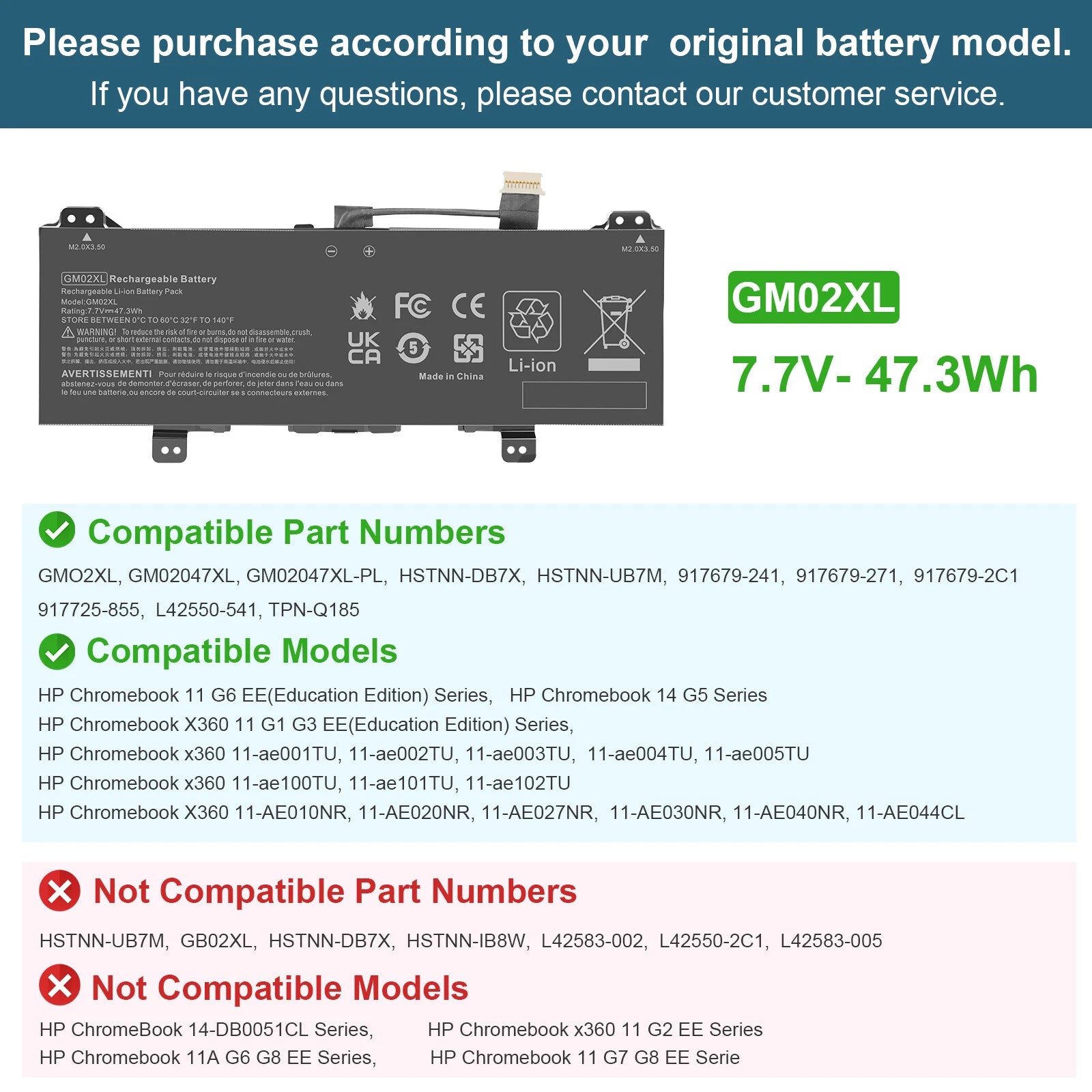 GM02XL Battery for HP Chromebook 14 G5 G6 X360 11 G1 G6 EE 917725-855 47.3Wh US
