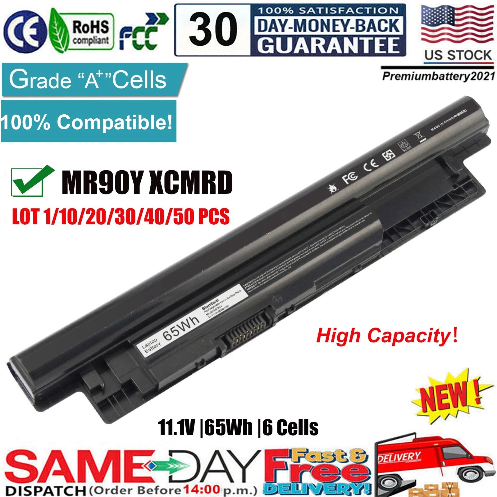 ?LOT Battery XCMRD MR90Y For Dell Inspiron 3421 5421 15-3521 5521 3721 5721 65Wh