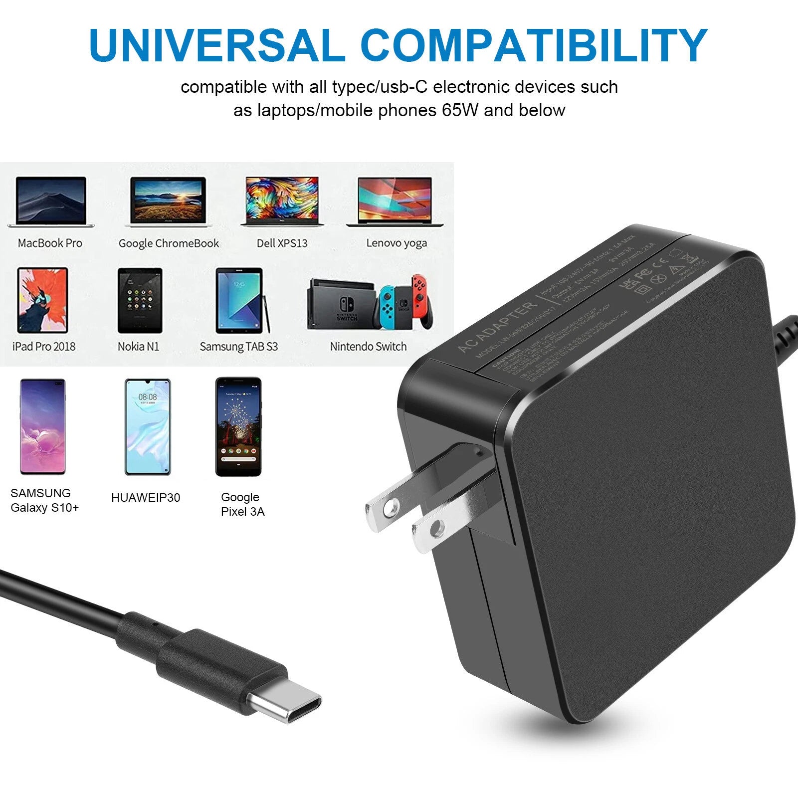 USB-C Type C Charger for Laptop Chromebook Tablet Phone 65W Universal AC Adapter