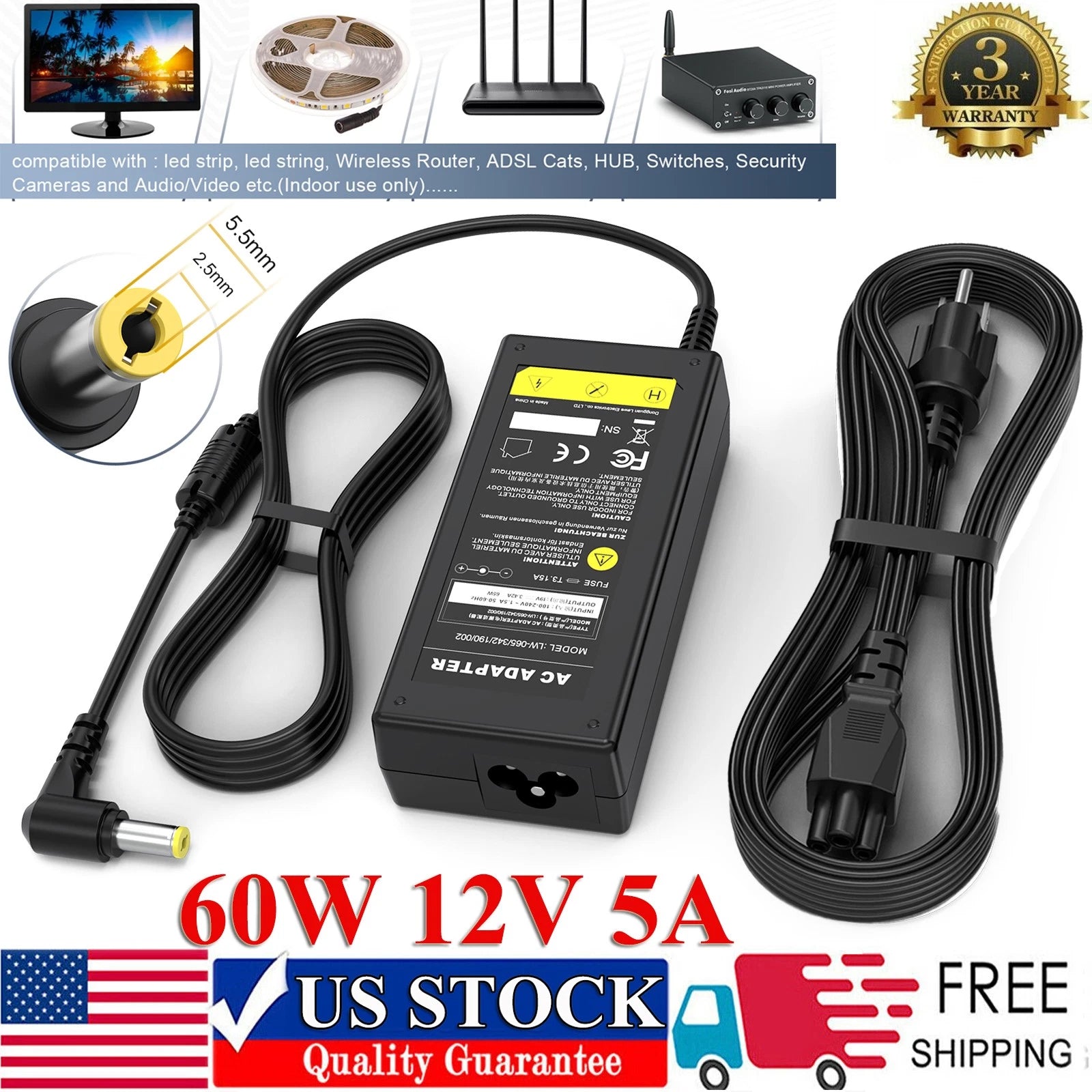 12V 5A AC DC Power Supply 5 Amp 12 Volt Adapter Charger LCD Screen 5.5mm * 2.5mm