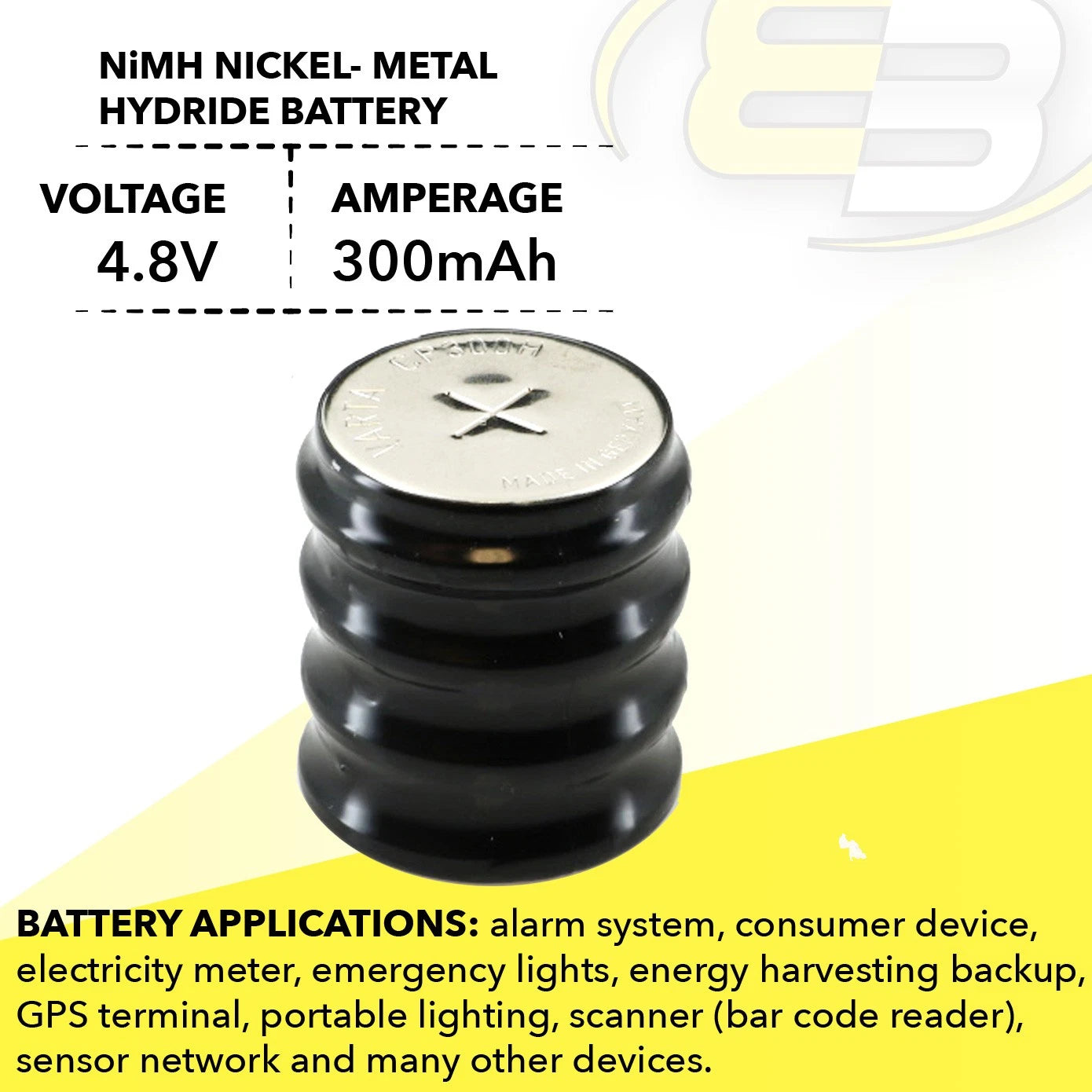 4/CP300H 4.8V 300mAh NiMH Battery For RTC, MBU, Batery Timer, Senors, Metering