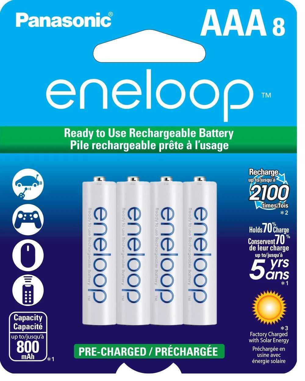 Panasonic Eneloop BK-4MCCA8BA Battery AAA NiMH 800mAh 8 Pack