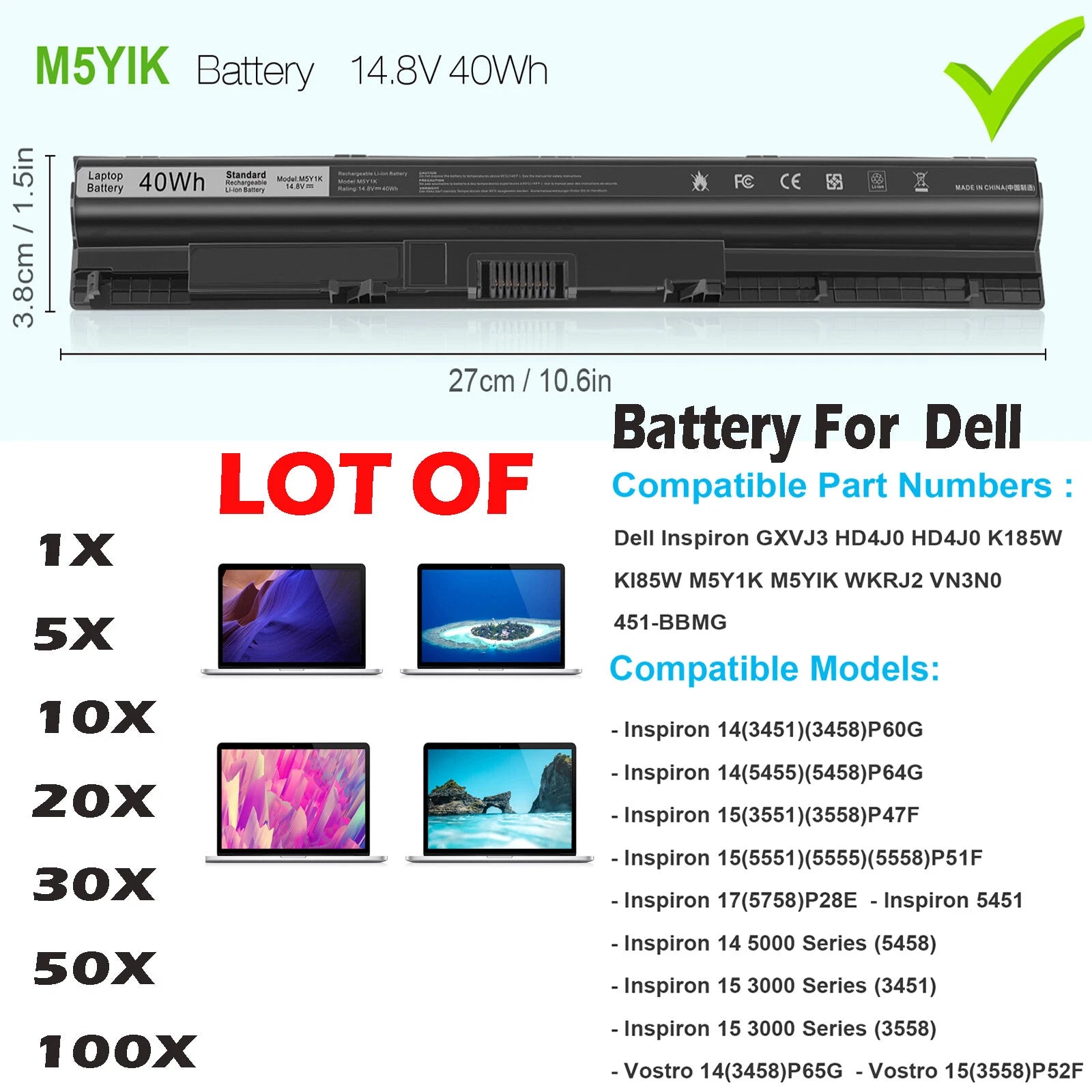 ??LOT 1-100x M5Y1K K185W Battery For Dell Inspiron 3451 3458 5455 5551 5555 5558