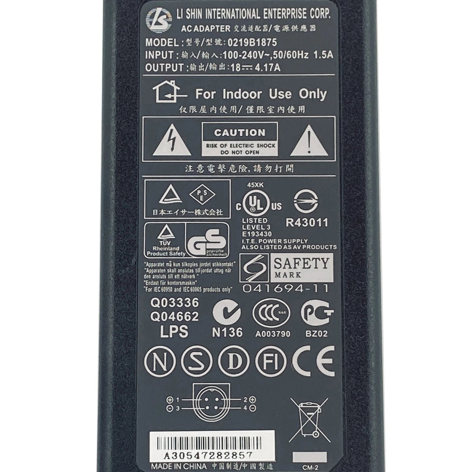 NEW Genuine Li Shin AC Power Adapter 0219B1875 Charger 18V 4.17A 75W 4-Pin Plug