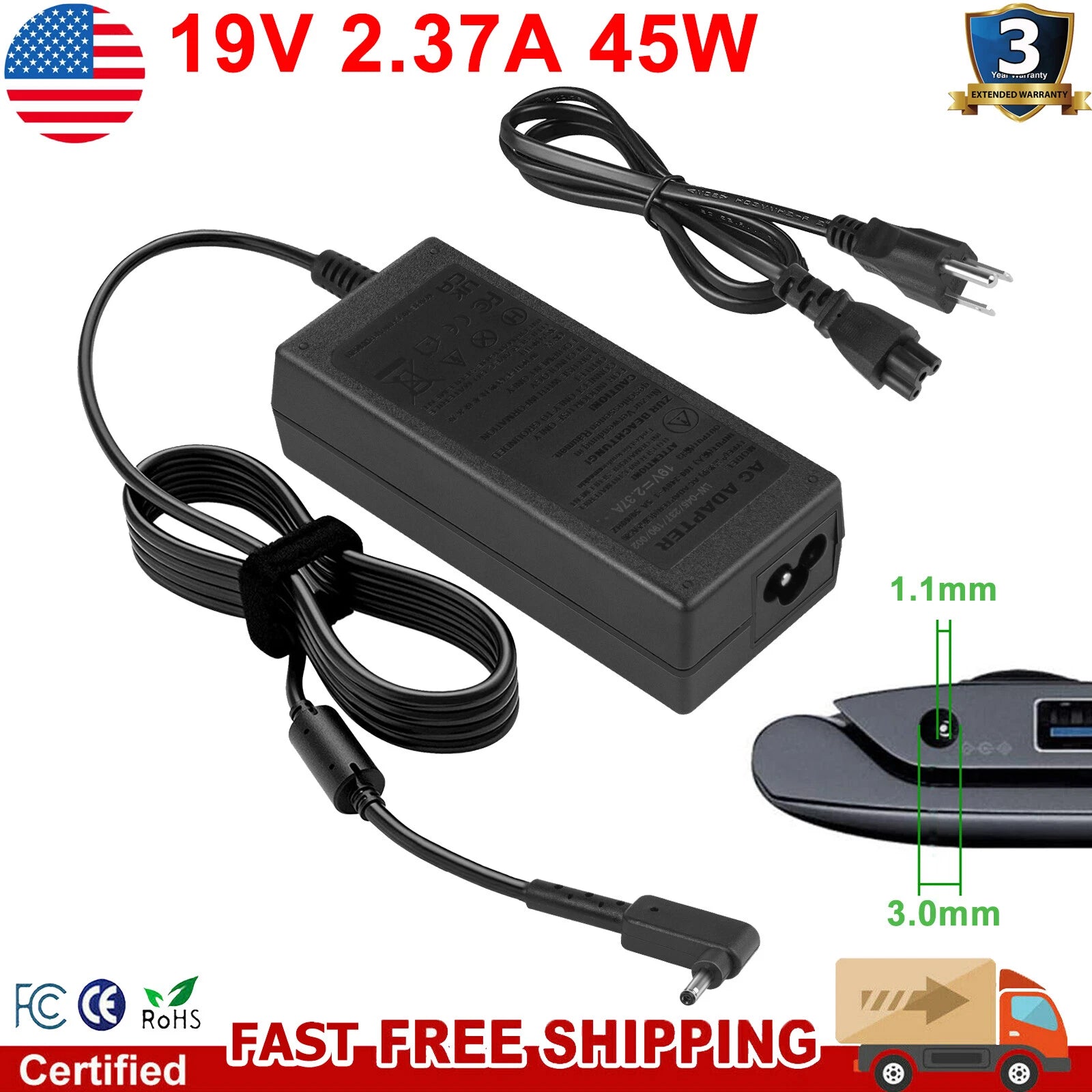 45W 19V 2.37A Laptop Charger AC Adapter For Acer Spin 3 SP314-53N 3.0*1.1mm