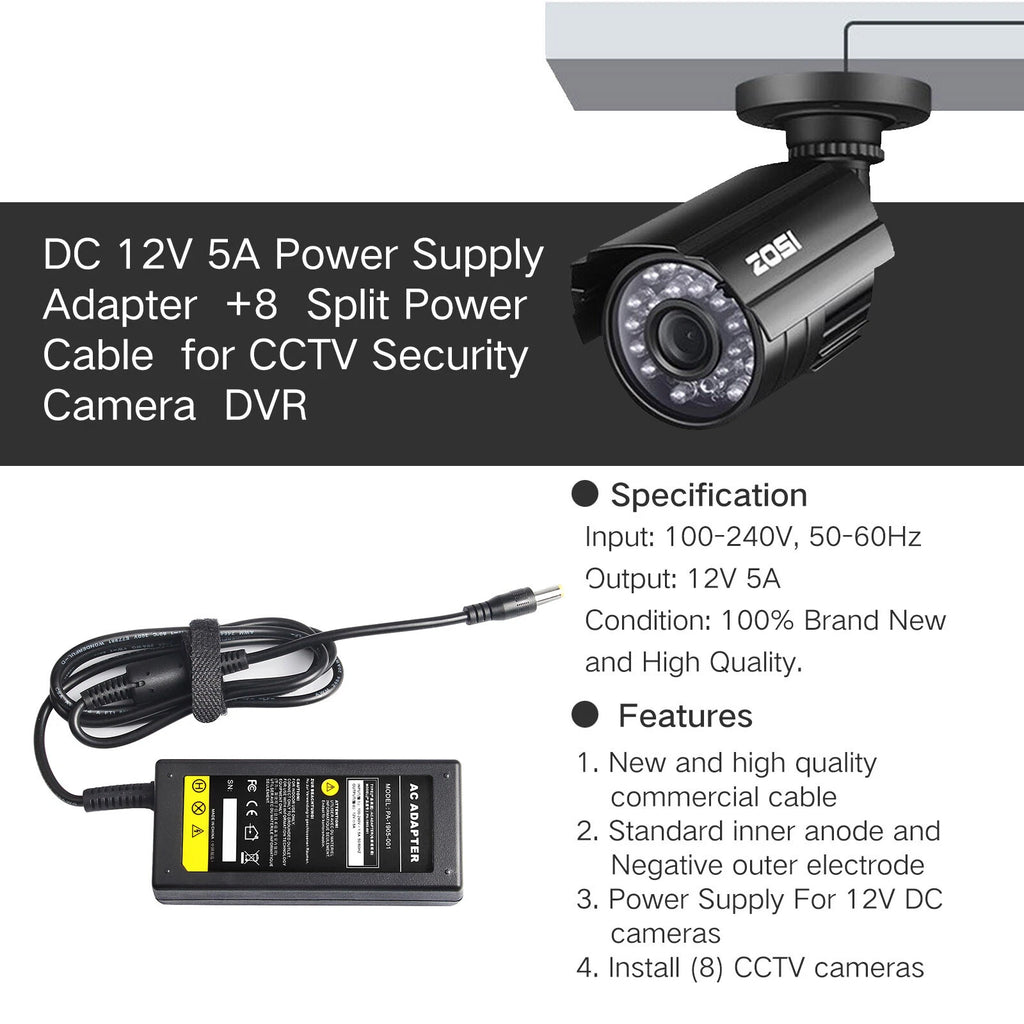 12V 5A Power Supply Adapter +8 Split Power Cable For CCTV Security Camera DVR B