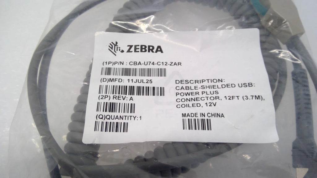 NEW Zebra CBA-U74-C12-ZAR Powered USB Cable 12V 12FT(3.7M) COILED Shielded POS
