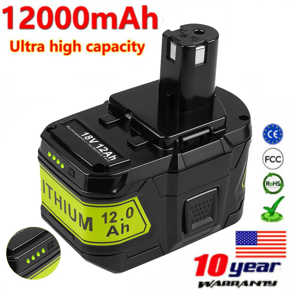 12Ah For RYOBI 18V Battery P108 High Capacity 18Volt Lithium-Ion P102 P104 P109