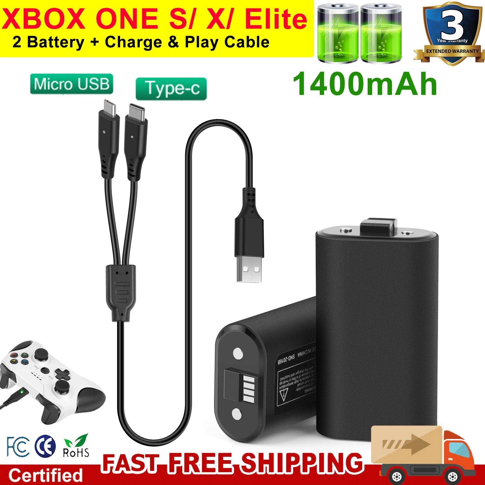 For Xbox One X, One S, Xbox Series X/S Rechargeable Battery Pack & Charge Cable
