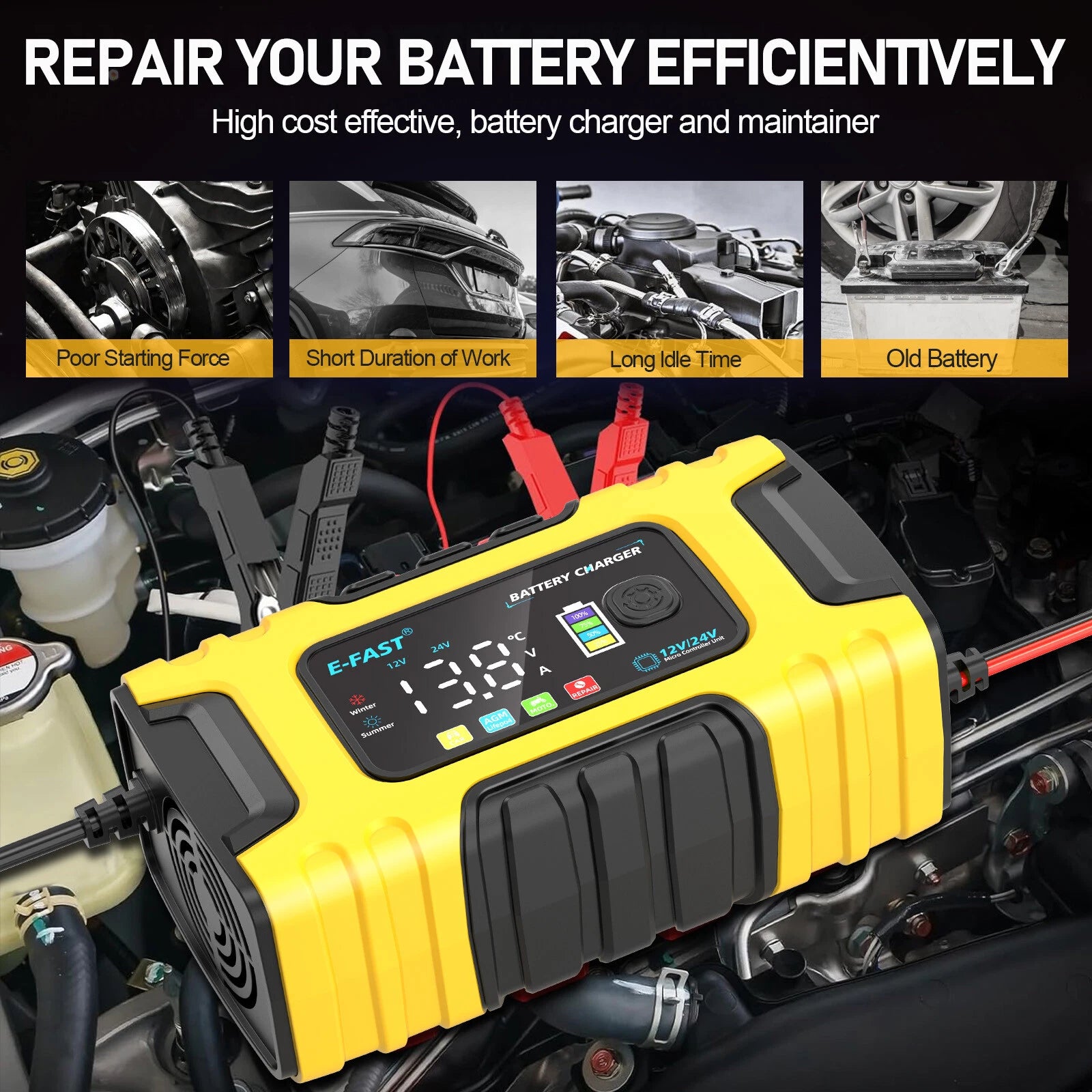 12V 24V Car Smart Battery Charger 7-Stage Automstic Lead-acid Lifepo4 AGM/GEL US