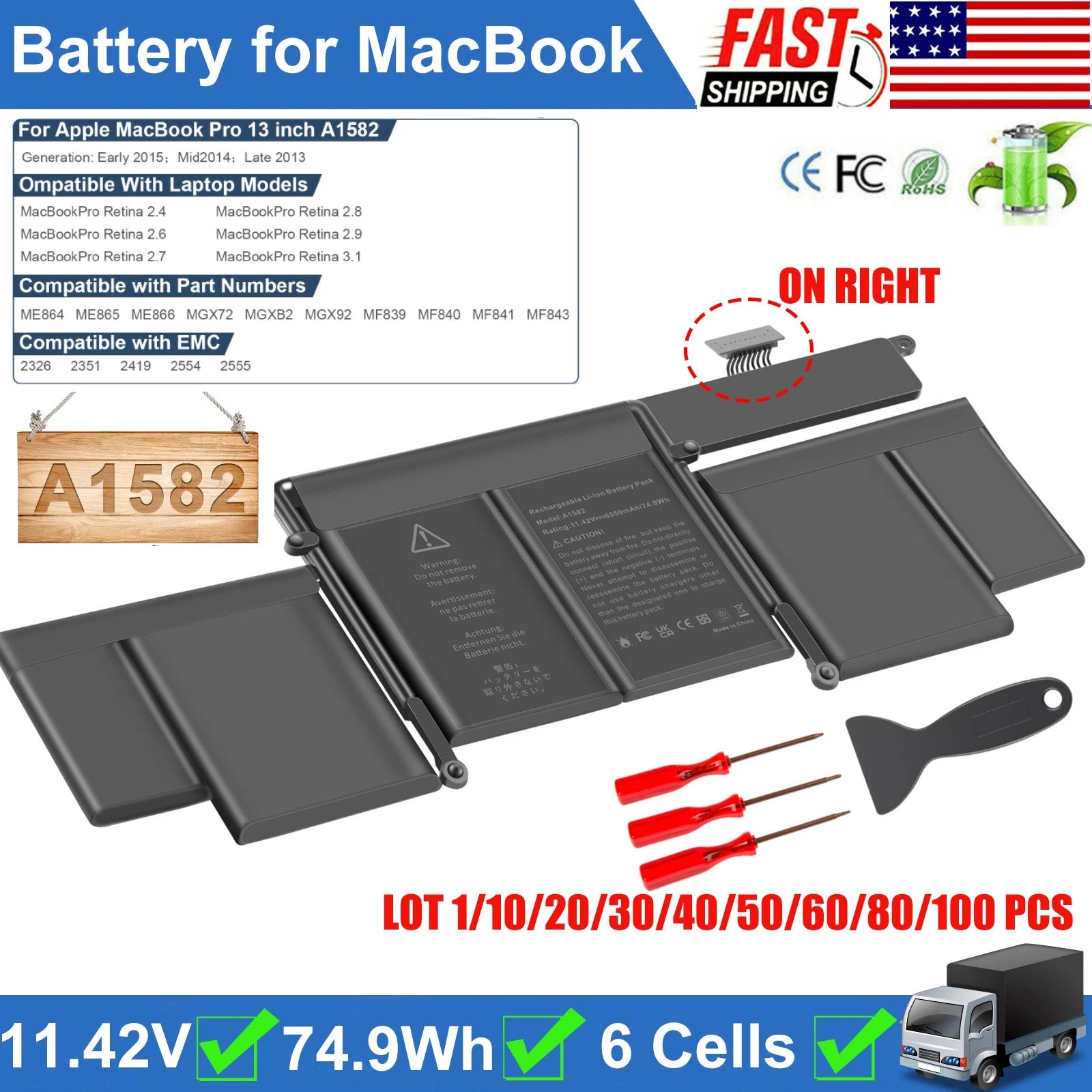 ?LOT A1582 A1502 Battery For MacBook Pro 13"Retina Early 2015 Mid 2014 Late 2013