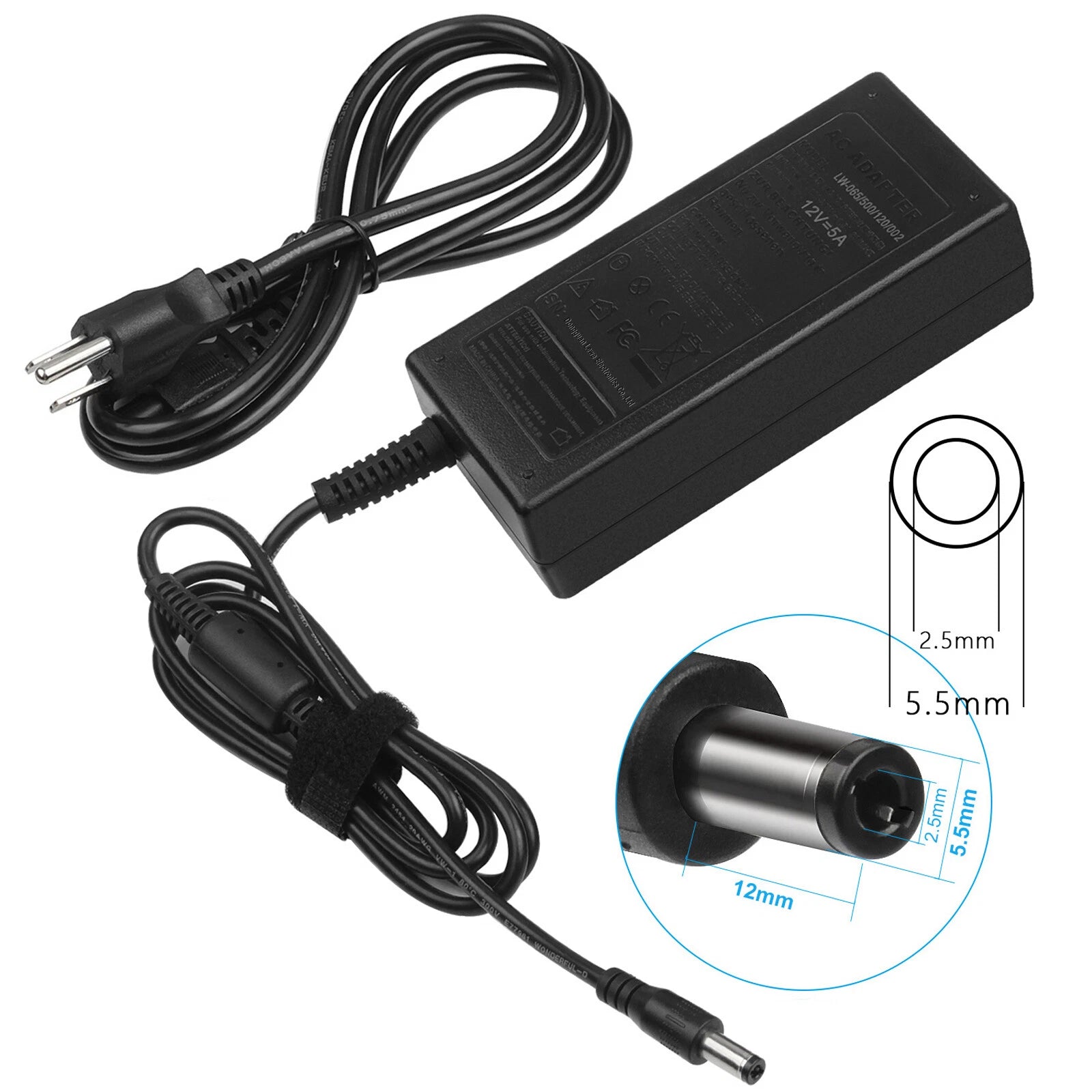 12V 5A 60W AC DC Adapter Power Supply Cord Charger 5.5mm*2.5mm US Plug Universal