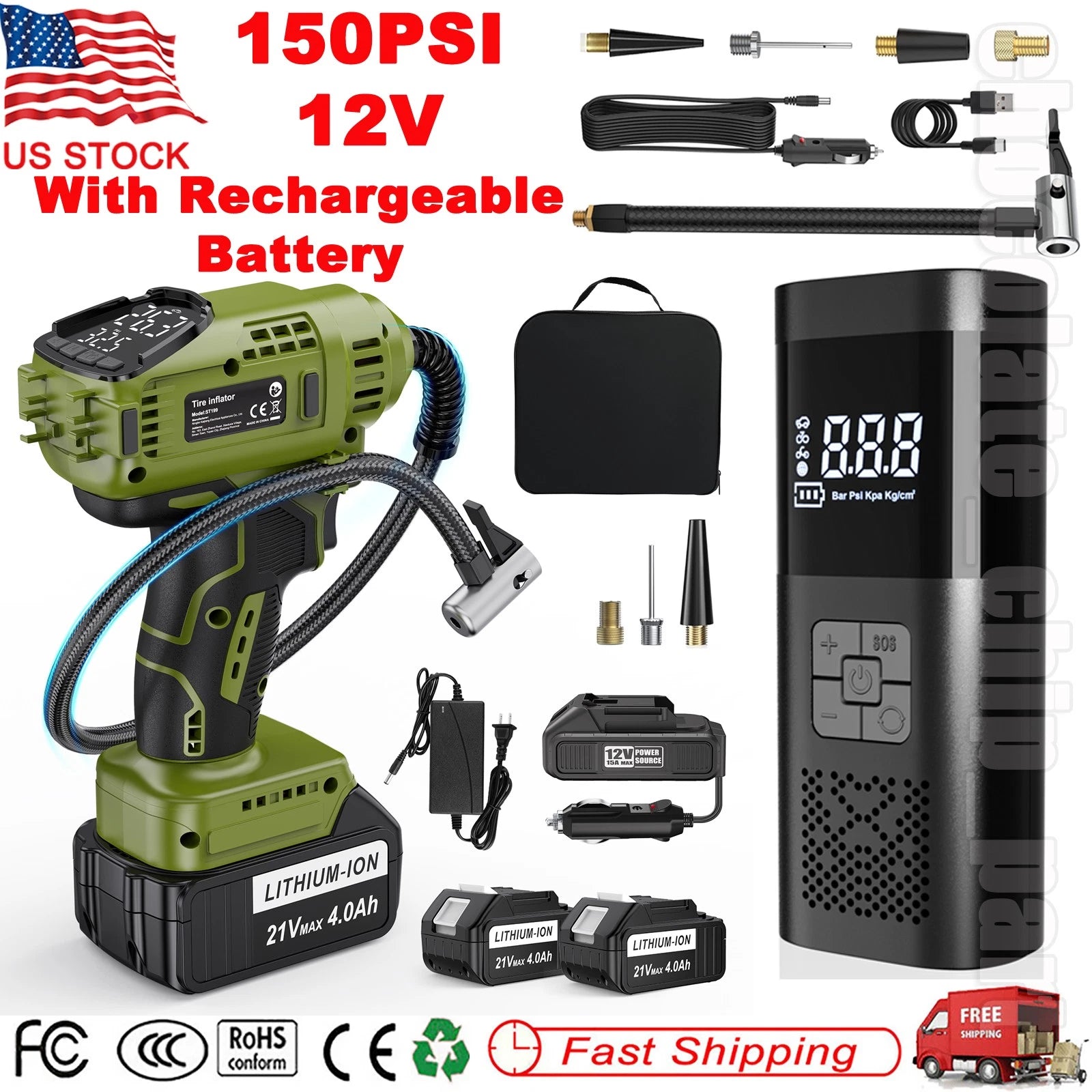 Cordless Tire Inflator Air Compressor Car Tire Pump with Rechargeable Battery US